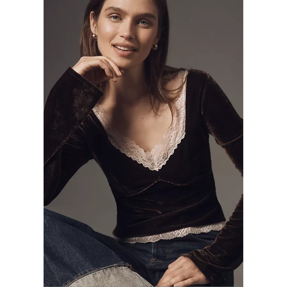 New Anthropologie Velvet Lace V-Neck Top Brown Pink Long Sleeve Size M Fall